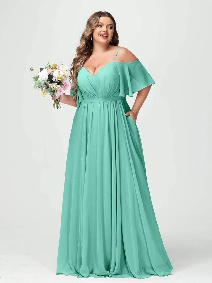 A-Line/Princess Spaghetti Straps Half Sleeves Chiffon Plus Size Bridesmaid Dresses with Pockets