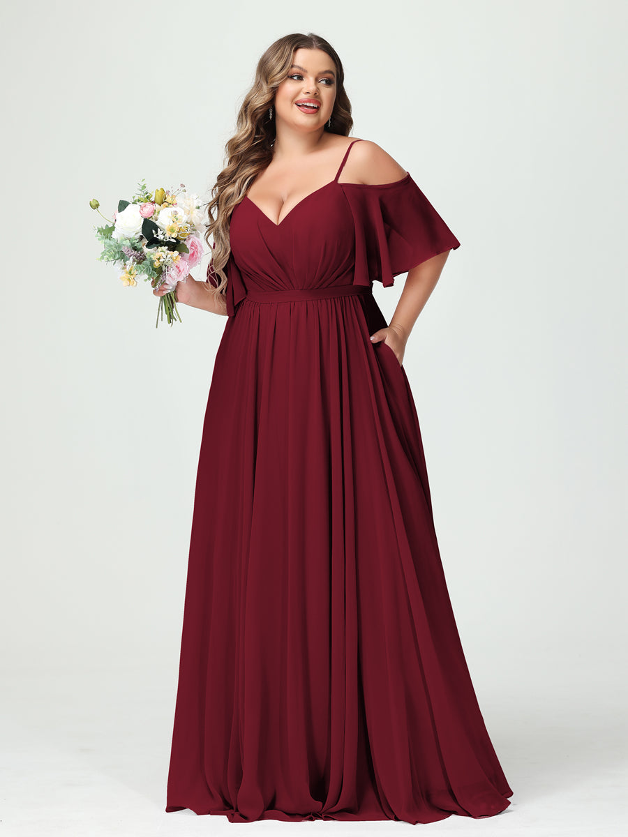 A-Line/Princess Spaghetti Straps Half Sleeves Chiffon Plus Size Bridesmaid Dresses with Pockets