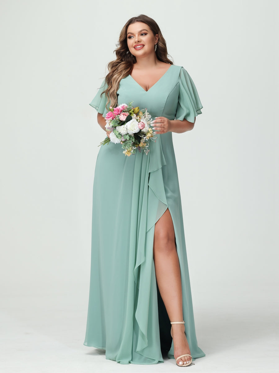 A-Line/Princess V-Neck Half Sleeves Chiffon Ruffles Plus Size Bridesmaid Dresses with Split Side