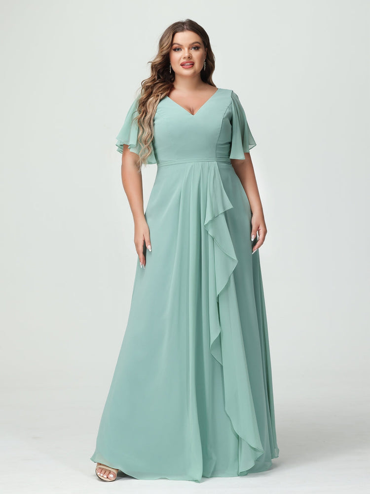 A Lineprincess V Neck Half Sleeves Chiffon Ruffles Plus Size Bridesma Lavetir 7115