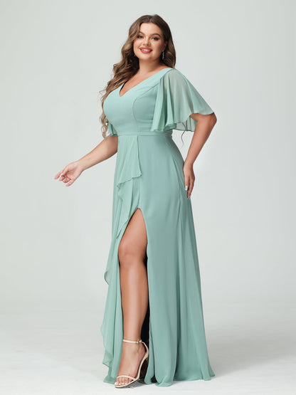 A-Line/Princess V-Neck Half Sleeves Chiffon Ruffles Plus Size Bridesmaid Dresses with Split Side