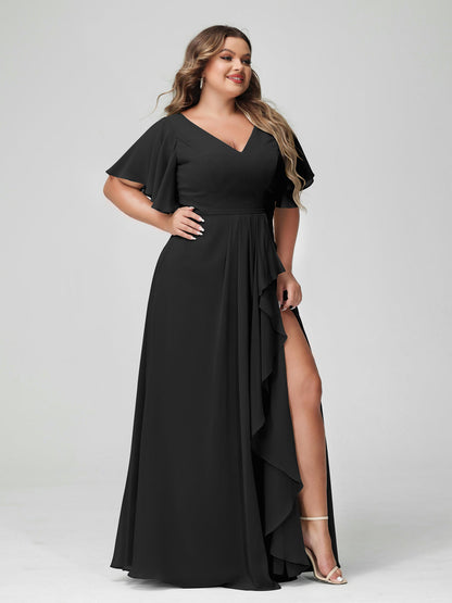 A-Line/Princess V-Neck Half Sleeves Chiffon Ruffles Plus Size Bridesmaid Dresses with Split Side