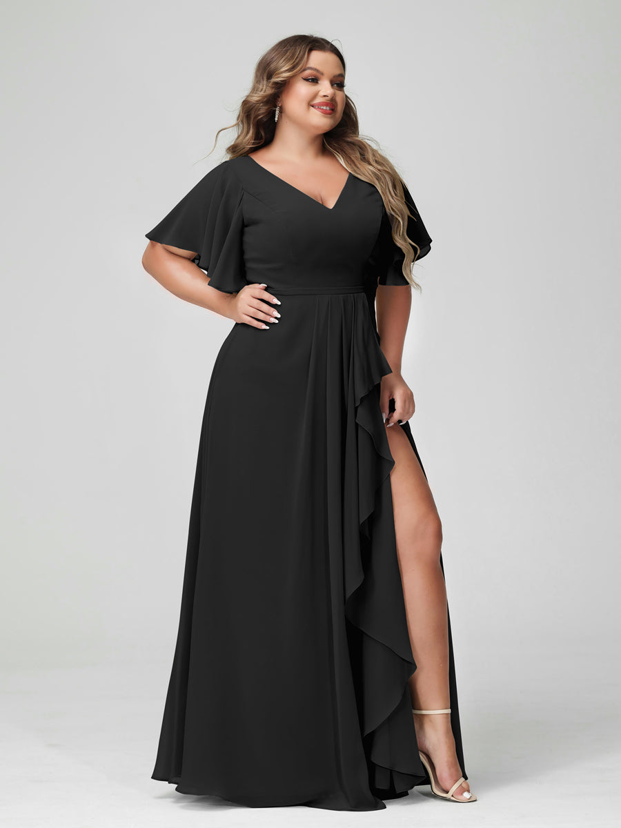 A-Line/Princess V-Neck Half Sleeves Chiffon Ruffles Plus Size Bridesmaid Dresses with Split Side