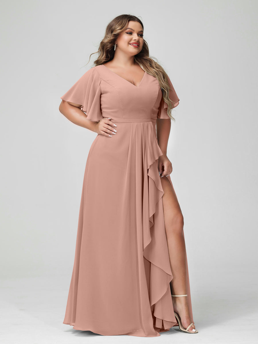 A-Line/Princess V-Neck Half Sleeves Chiffon Ruffles Plus Size Bridesmaid Dresses with Split Side