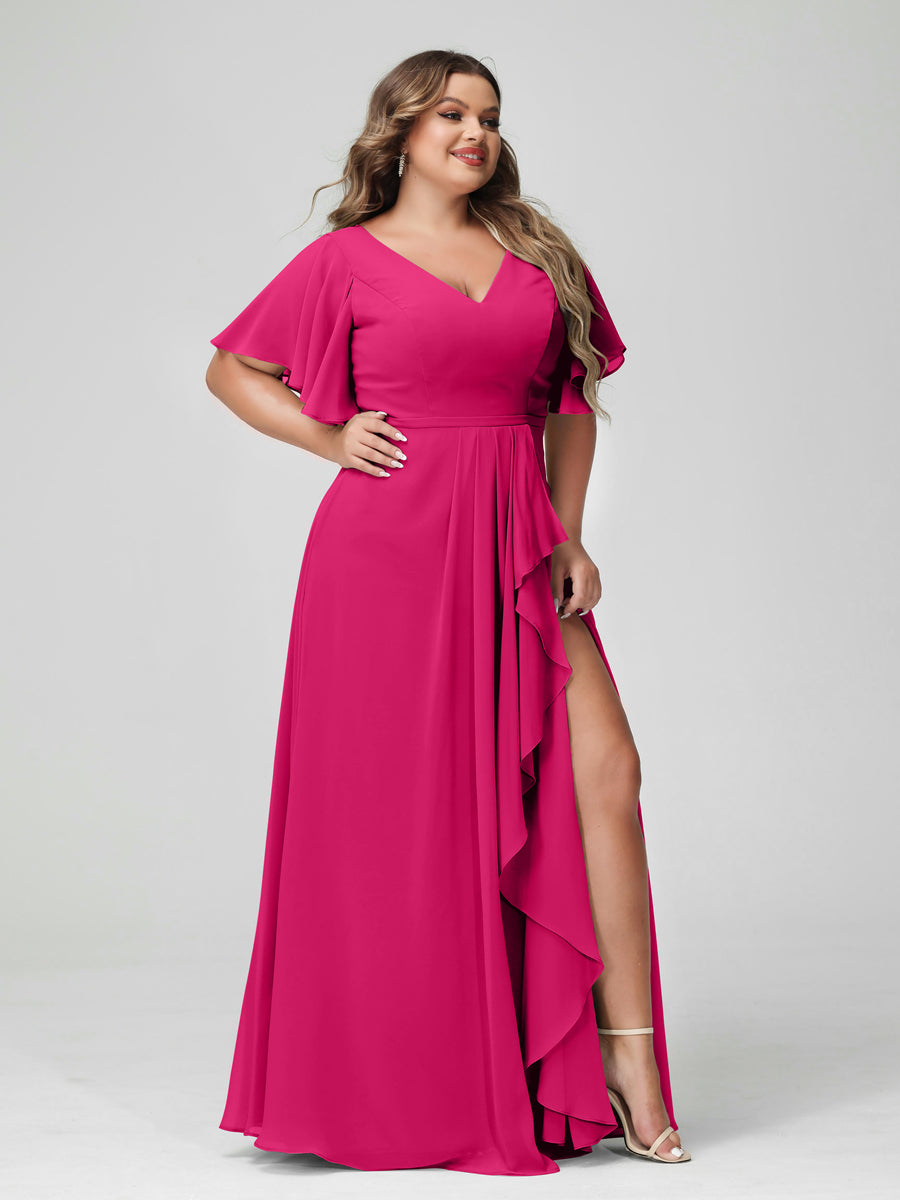 A-Line/Princess V-Neck Half Sleeves Chiffon Ruffles Plus Size Bridesmaid Dresses with Split Side