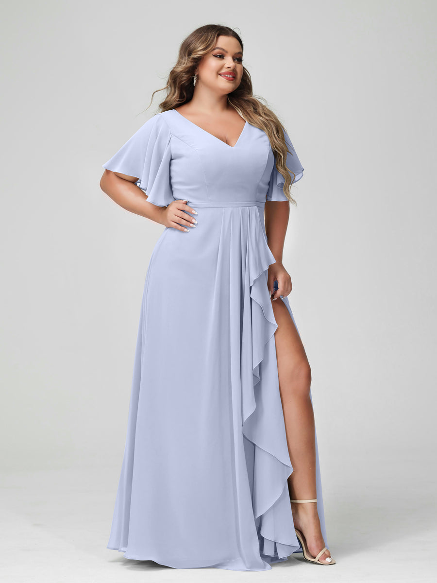 A-Line/Princess V-Neck Half Sleeves Chiffon Ruffles Plus Size Bridesmaid Dresses with Split Side