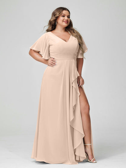 A-Line/Princess V-Neck Half Sleeves Chiffon Ruffles Plus Size Bridesmaid Dresses with Split Side