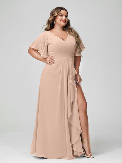 A-Line/Princess V-Neck Half Sleeves Chiffon Ruffles Plus Size Bridesmaid Dresses with Split Side