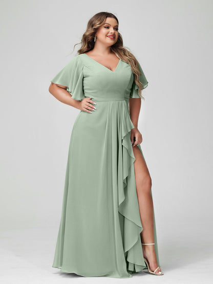 A-Line/Princess V-Neck Half Sleeves Chiffon Ruffles Plus Size Bridesmaid Dresses with Split Side