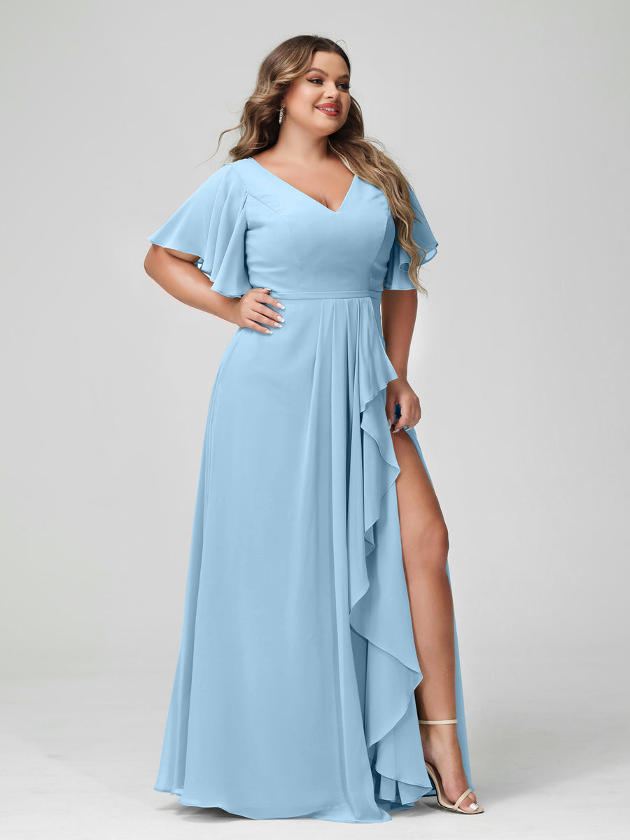 A-Line/Princess V-Neck Half Sleeves Chiffon Ruffles Plus Size Bridesmaid Dresses with Split Side