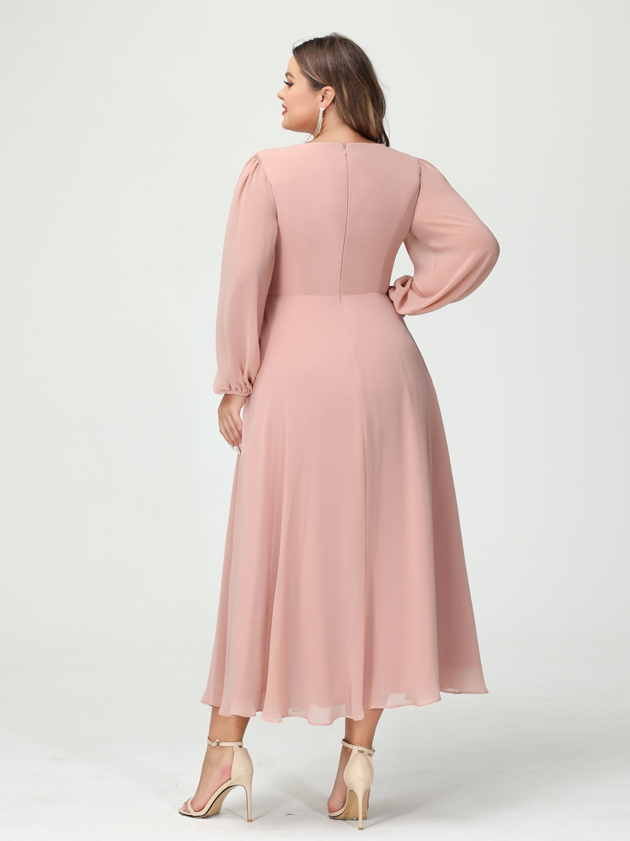 A-Line/Princess V-Neck Long Sleeves Chiffon Tea-Length Ruffles Plus Size Bridesmaid Dresses with Pockets