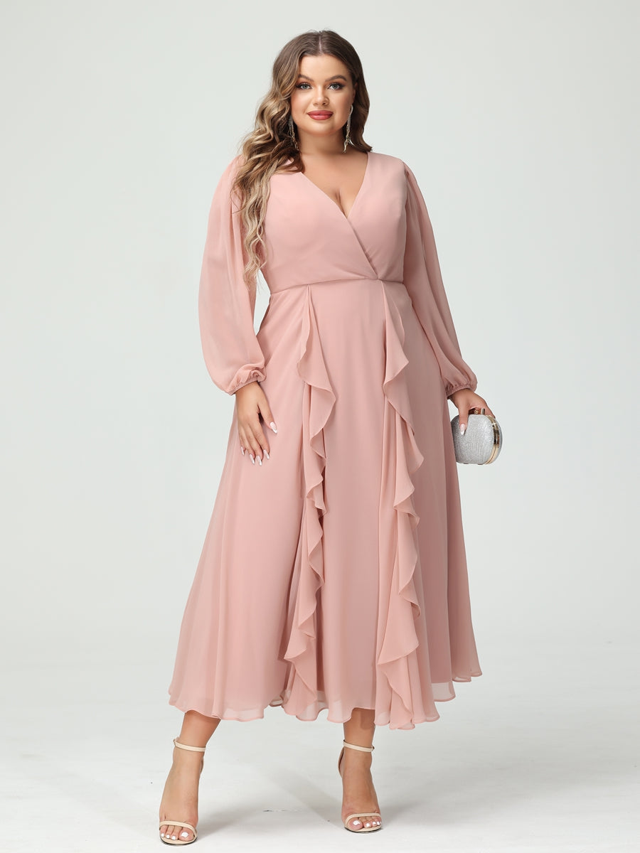 A-Line/Princess V-Neck Long Sleeves Chiffon Tea-Length Ruffles Plus Size Bridesmaid Dresses with Pockets