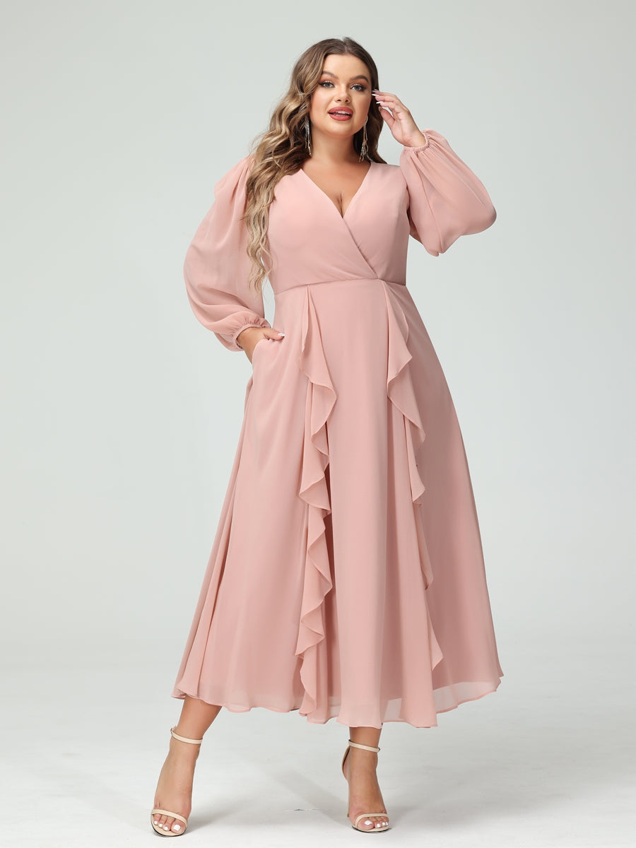 A-Line/Princess V-Neck Long Sleeves Chiffon Tea-Length Ruffles Plus Size Bridesmaid Dresses with Pockets