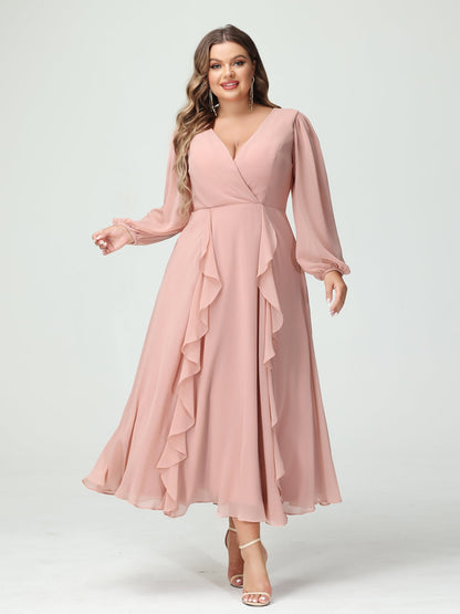 A-Line/Princess V-Neck Long Sleeves Chiffon Tea-Length Ruffles Plus Size Bridesmaid Dresses with Pockets