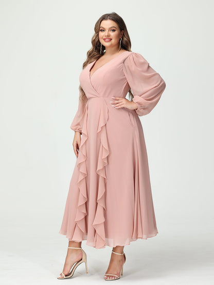 A-Line/Princess V-Neck Long Sleeves Chiffon Tea-Length Ruffles Plus Size Bridesmaid Dresses with Pockets