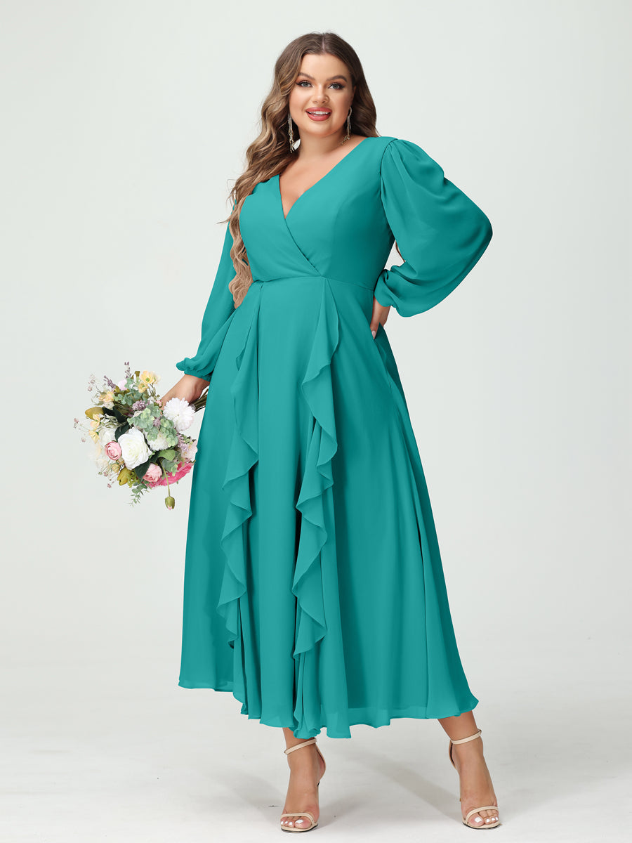 A-Line/Princess V-Neck Long Sleeves Chiffon Tea-Length Ruffles Plus Size Bridesmaid Dresses with Pockets