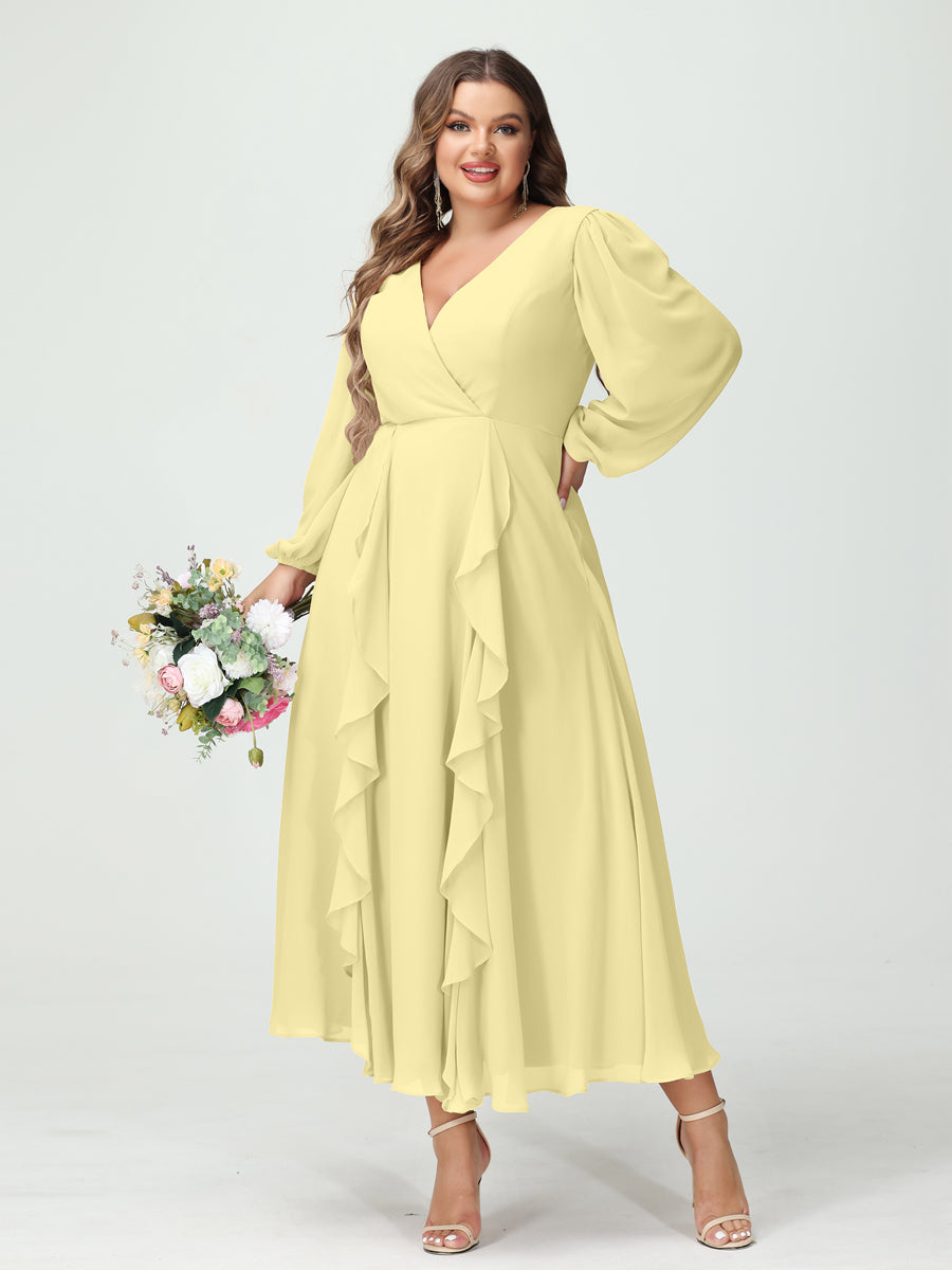 A-Line/Princess V-Neck Long Sleeves Chiffon Tea-Length Ruffles Plus Size Bridesmaid Dresses with Pockets