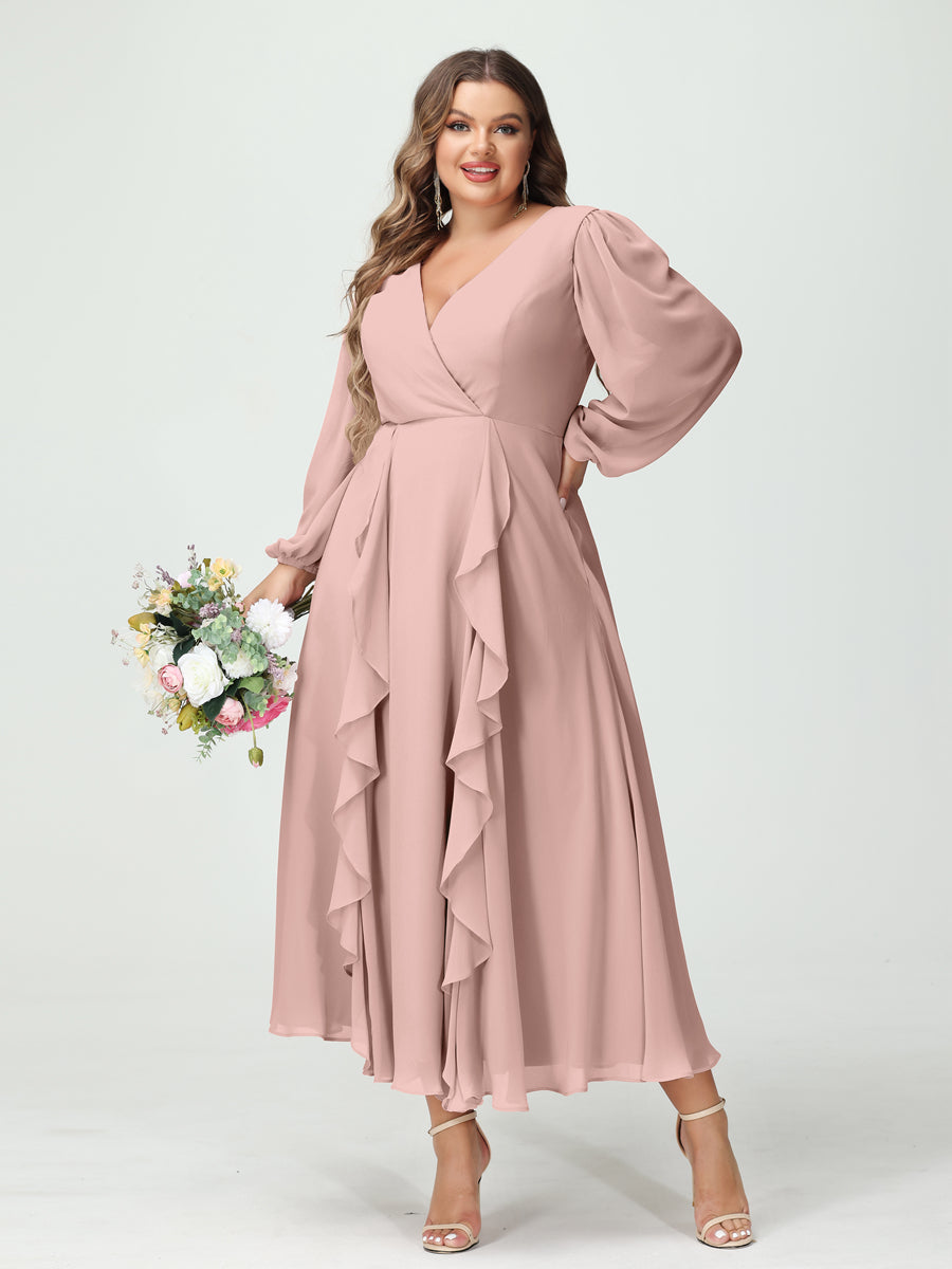 A-Line/Princess V-Neck Long Sleeves Chiffon Tea-Length Ruffles Plus Size Bridesmaid Dresses with Pockets