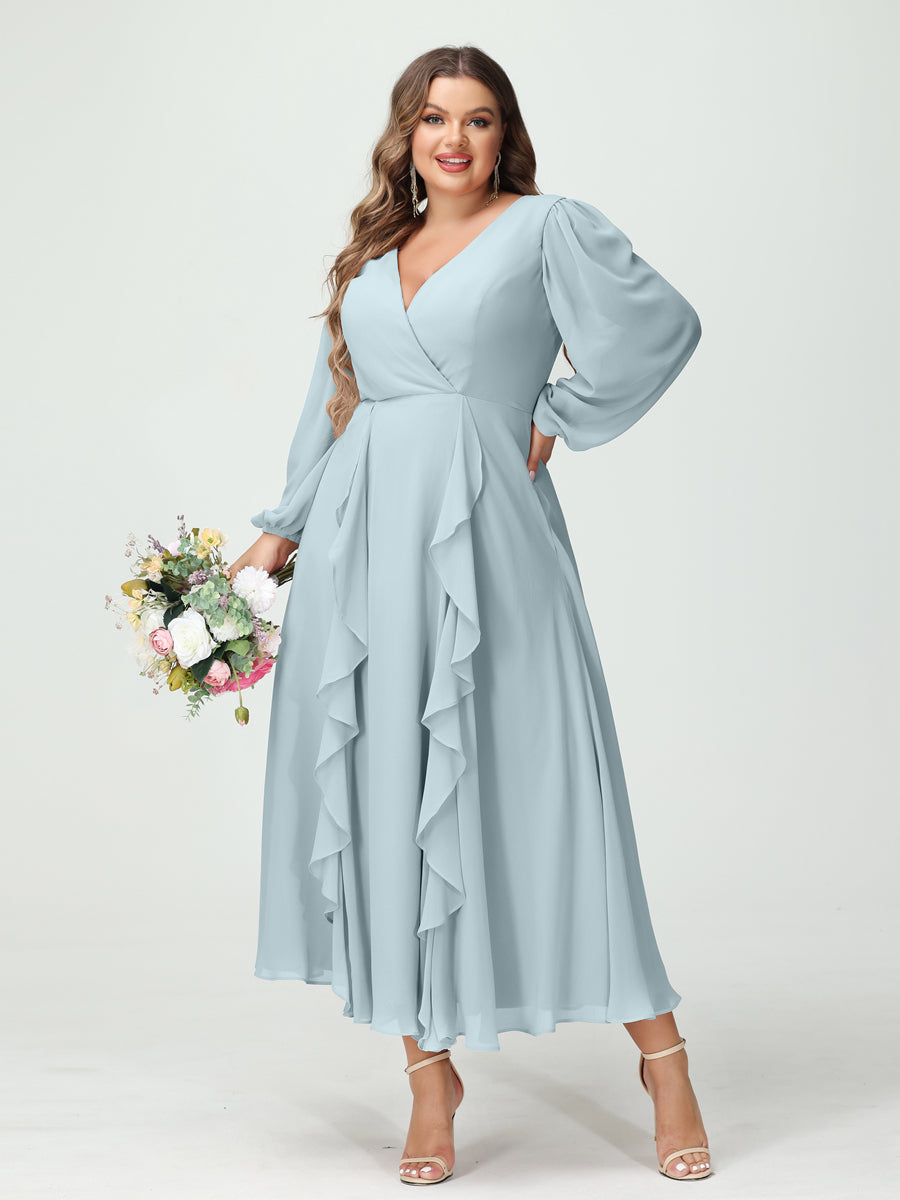 A-Line/Princess V-Neck Long Sleeves Chiffon Tea-Length Ruffles Plus Size Bridesmaid Dresses with Pockets