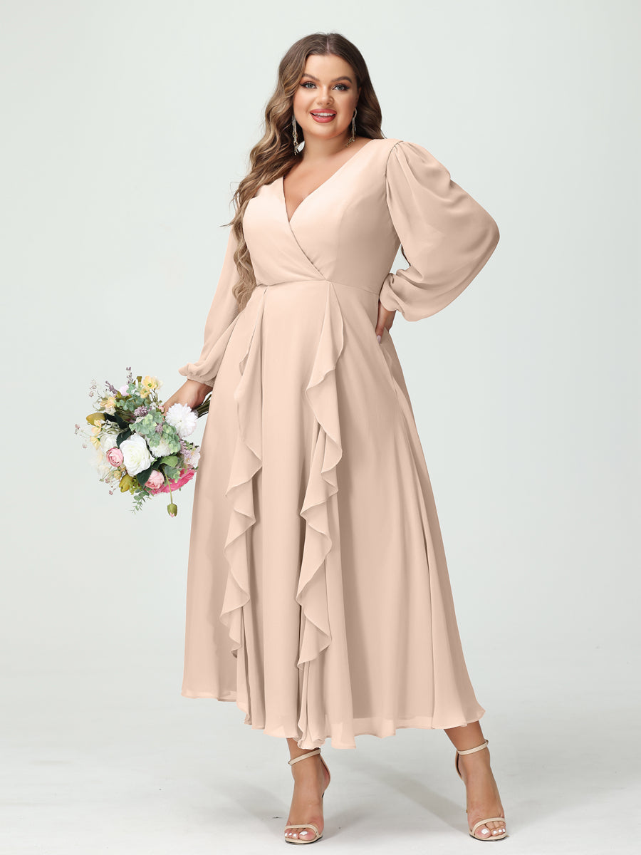 A-Line/Princess V-Neck Long Sleeves Chiffon Tea-Length Ruffles Plus Size Bridesmaid Dresses with Pockets