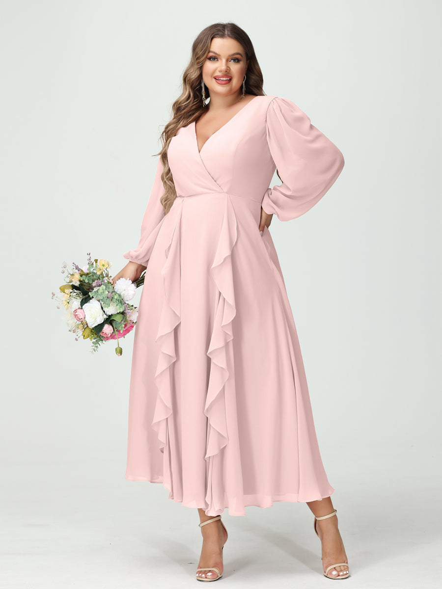 A-Line/Princess V-Neck Long Sleeves Chiffon Tea-Length Ruffles Plus Size Bridesmaid Dresses with Pockets