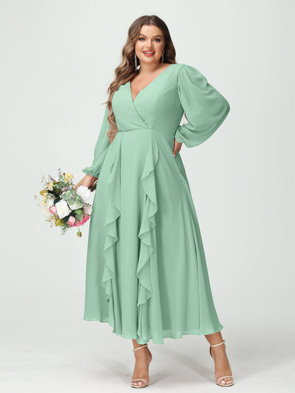 A-Line/Princess V-Neck Long Sleeves Chiffon Tea-Length Ruffles Plus Size Bridesmaid Dresses with Pockets