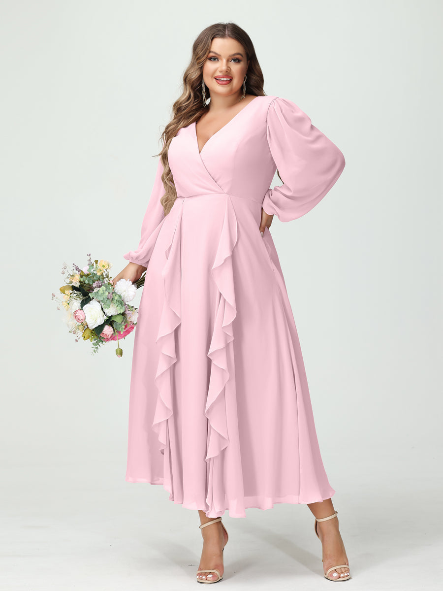 A-Line/Princess V-Neck Long Sleeves Chiffon Tea-Length Ruffles Plus Size Bridesmaid Dresses with Pockets