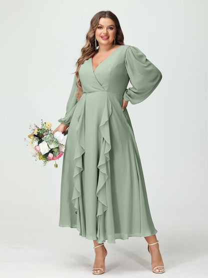 A-Line/Princess V-Neck Long Sleeves Chiffon Tea-Length Ruffles Plus Size Bridesmaid Dresses with Pockets