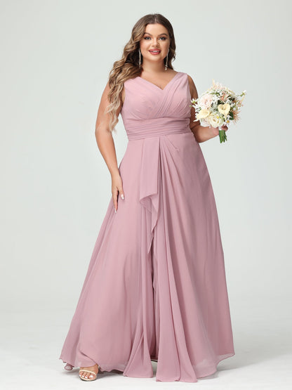 A-Line/Princess V-Neck Sleeveless Chiffon Ruffles Plus Size Bridesmaid Dresses with Pockets