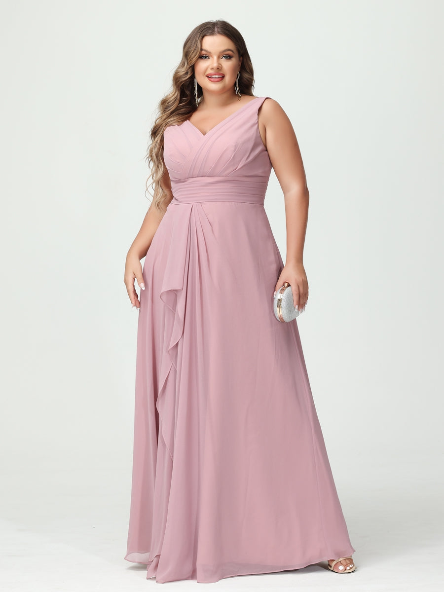 A-Line/Princess V-Neck Sleeveless Chiffon Ruffles Plus Size Bridesmaid Dresses with Pockets