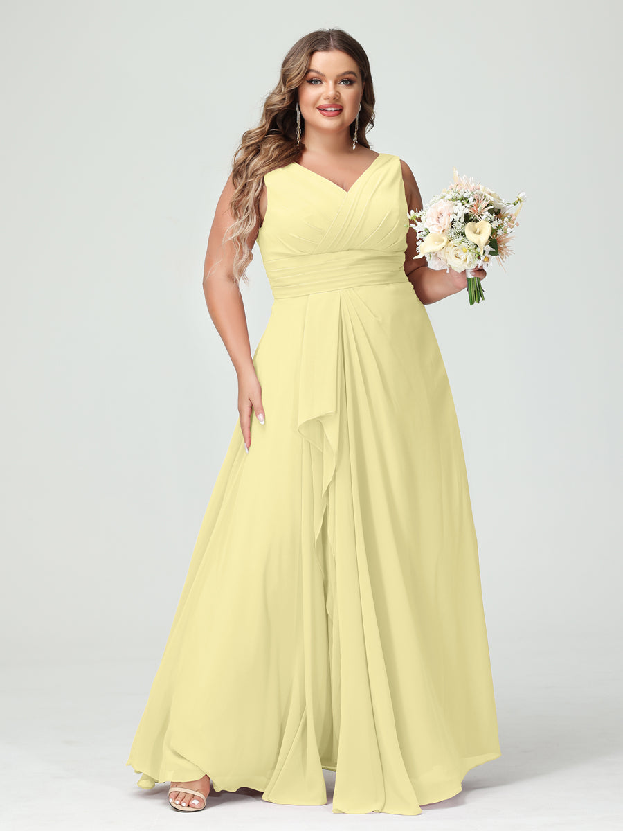 A-Line/Princess V-Neck Sleeveless Chiffon Ruffles Plus Size Bridesmaid Dresses with Pockets