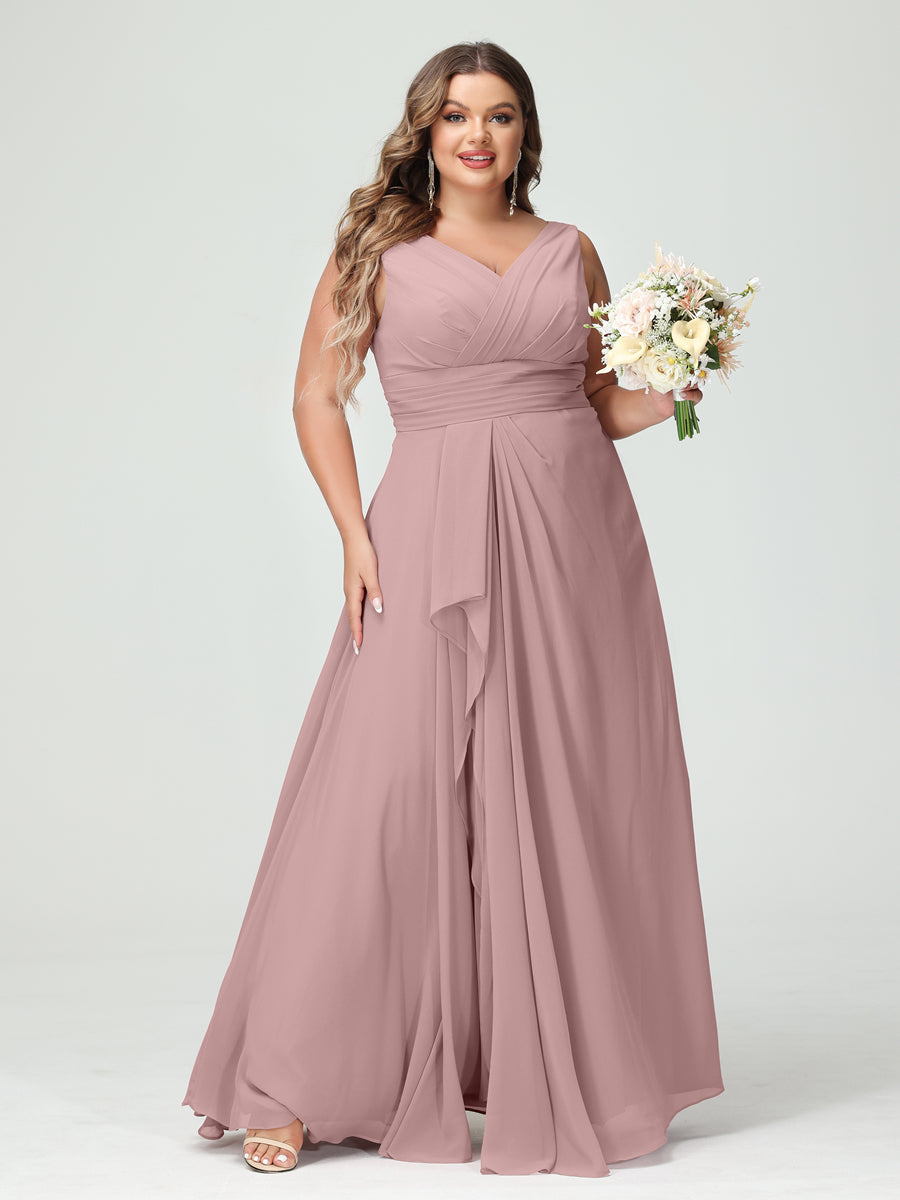 A-Line/Princess V-Neck Sleeveless Chiffon Ruffles Plus Size Bridesmaid Dresses with Pockets