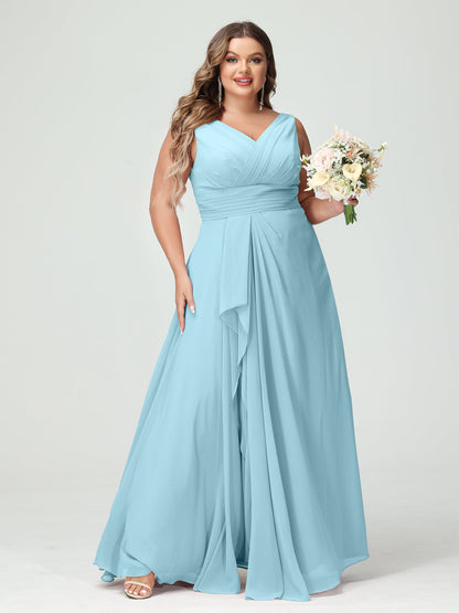 A-Line/Princess V-Neck Sleeveless Chiffon Ruffles Plus Size Bridesmaid Dresses with Pockets