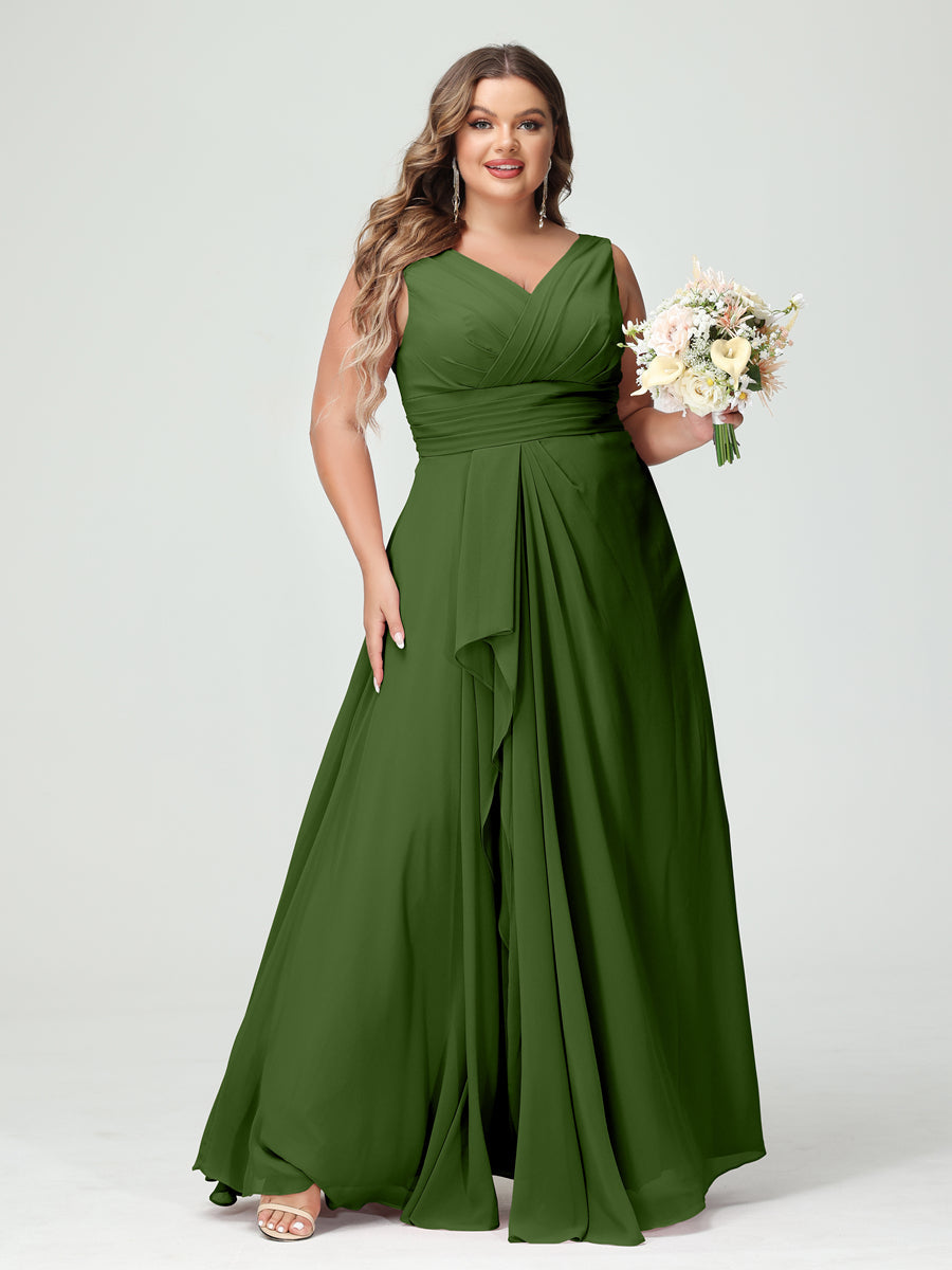 A-Line/Princess V-Neck Sleeveless Chiffon Ruffles Plus Size Bridesmaid Dresses with Pockets