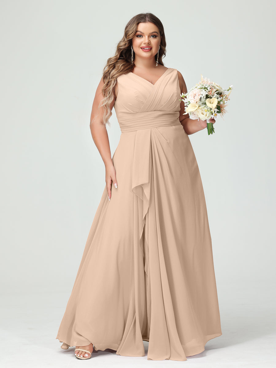 A-Line/Princess V-Neck Sleeveless Chiffon Ruffles Plus Size Bridesmaid Dresses with Pockets