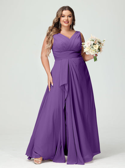 A-Line/Princess V-Neck Sleeveless Chiffon Ruffles Plus Size Bridesmaid Dresses with Pockets