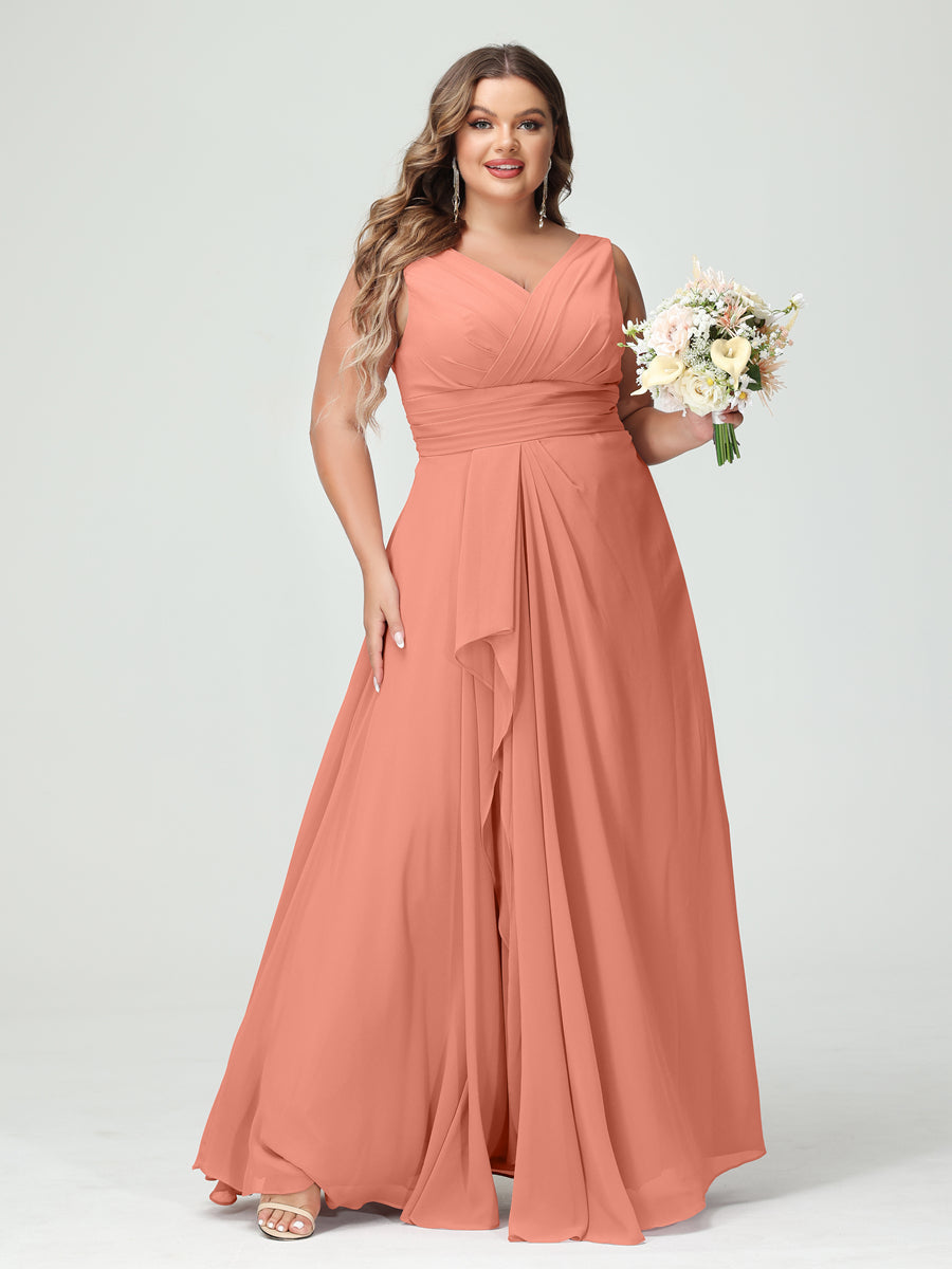 A-Line/Princess V-Neck Sleeveless Chiffon Ruffles Plus Size Bridesmaid Dresses with Pockets