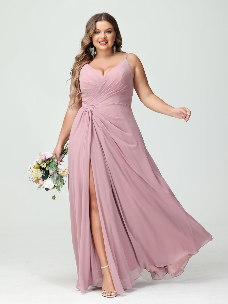 A-Line/Princess Spaghetti Straps Sleeveless Chiffon Split Side Plus Size Bridesmaid Dresses with Pockets