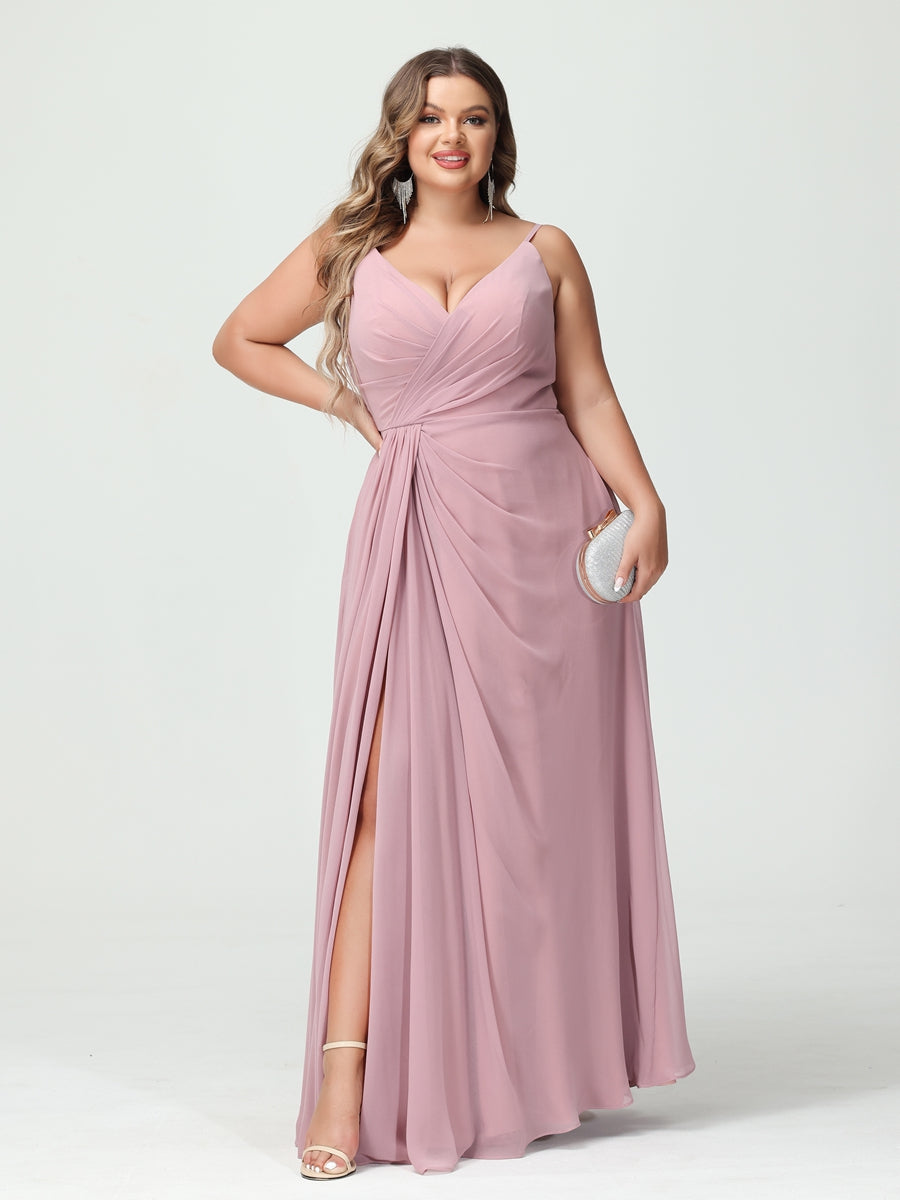 A-Line/Princess Spaghetti Straps Sleeveless Chiffon Split Side Plus Size Bridesmaid Dresses with Pockets