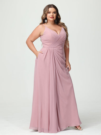 A-Line/Princess Spaghetti Straps Sleeveless Chiffon Split Side Plus Size Bridesmaid Dresses with Pockets