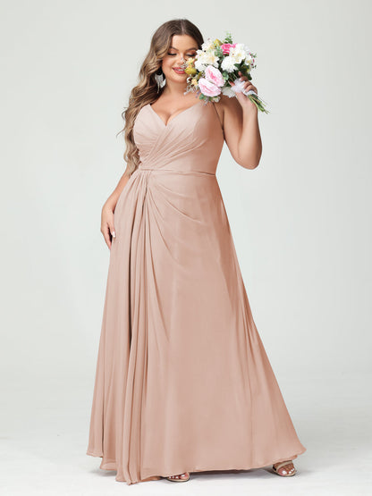 A-Line/Princess Spaghetti Straps Sleeveless Chiffon Split Side Plus Size Bridesmaid Dresses with Pockets