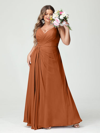 A-Line/Princess Spaghetti Straps Sleeveless Chiffon Split Side Plus Size Bridesmaid Dresses with Pockets