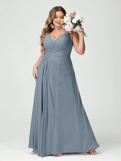 A-Line/Princess Spaghetti Straps Sleeveless Chiffon Split Side Plus Size Bridesmaid Dresses with Pockets