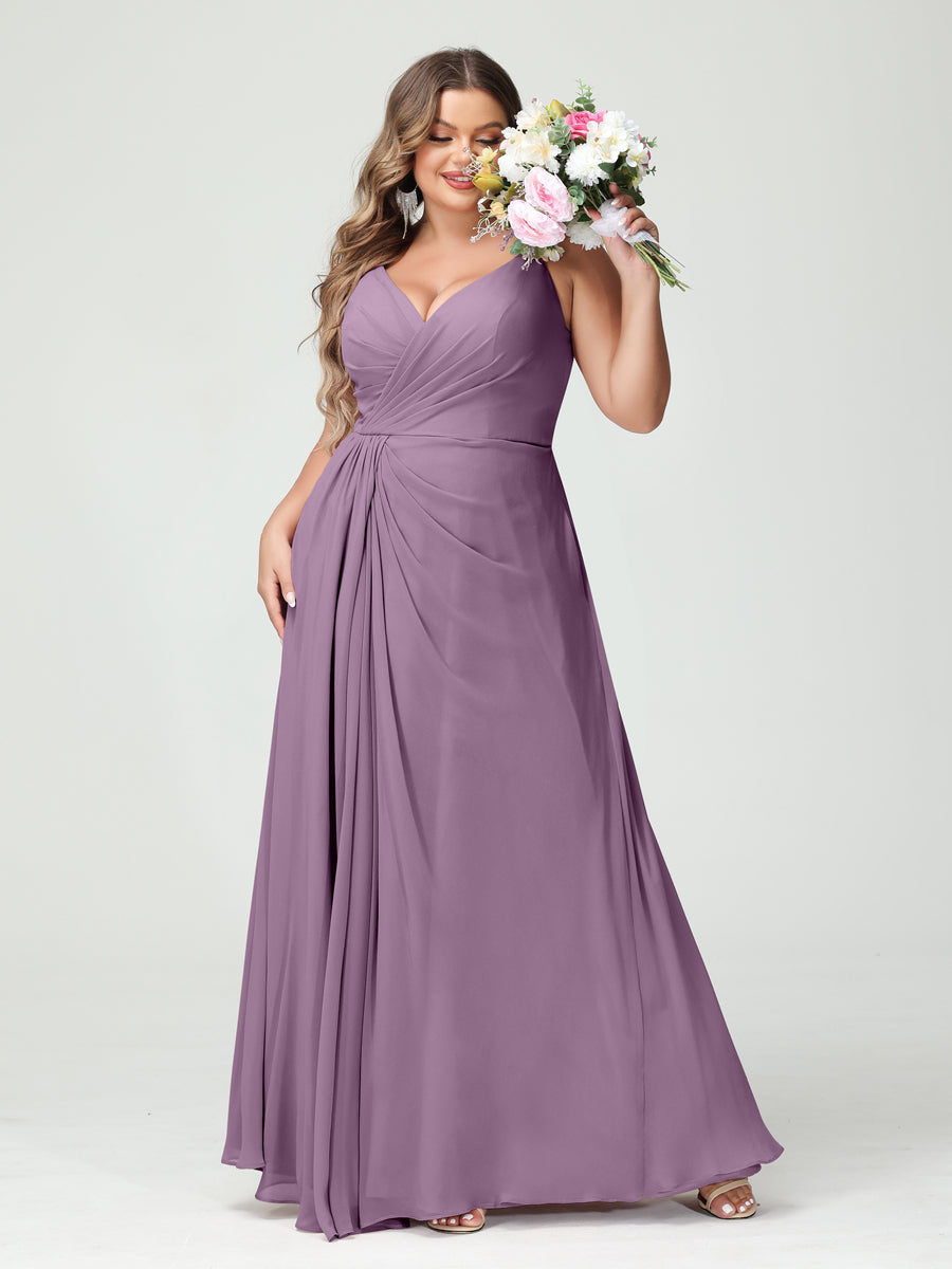 A-Line/Princess Spaghetti Straps Sleeveless Chiffon Split Side Plus Size Bridesmaid Dresses with Pockets