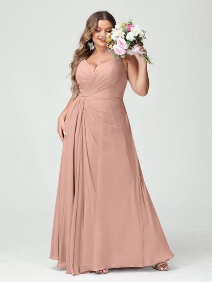 A-Line/Princess Spaghetti Straps Sleeveless Chiffon Split Side Plus Size Bridesmaid Dresses with Pockets