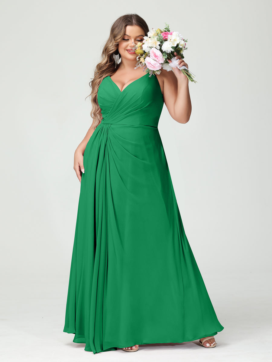 A-Line/Princess Spaghetti Straps Sleeveless Chiffon Split Side Plus Size Bridesmaid Dresses with Pockets