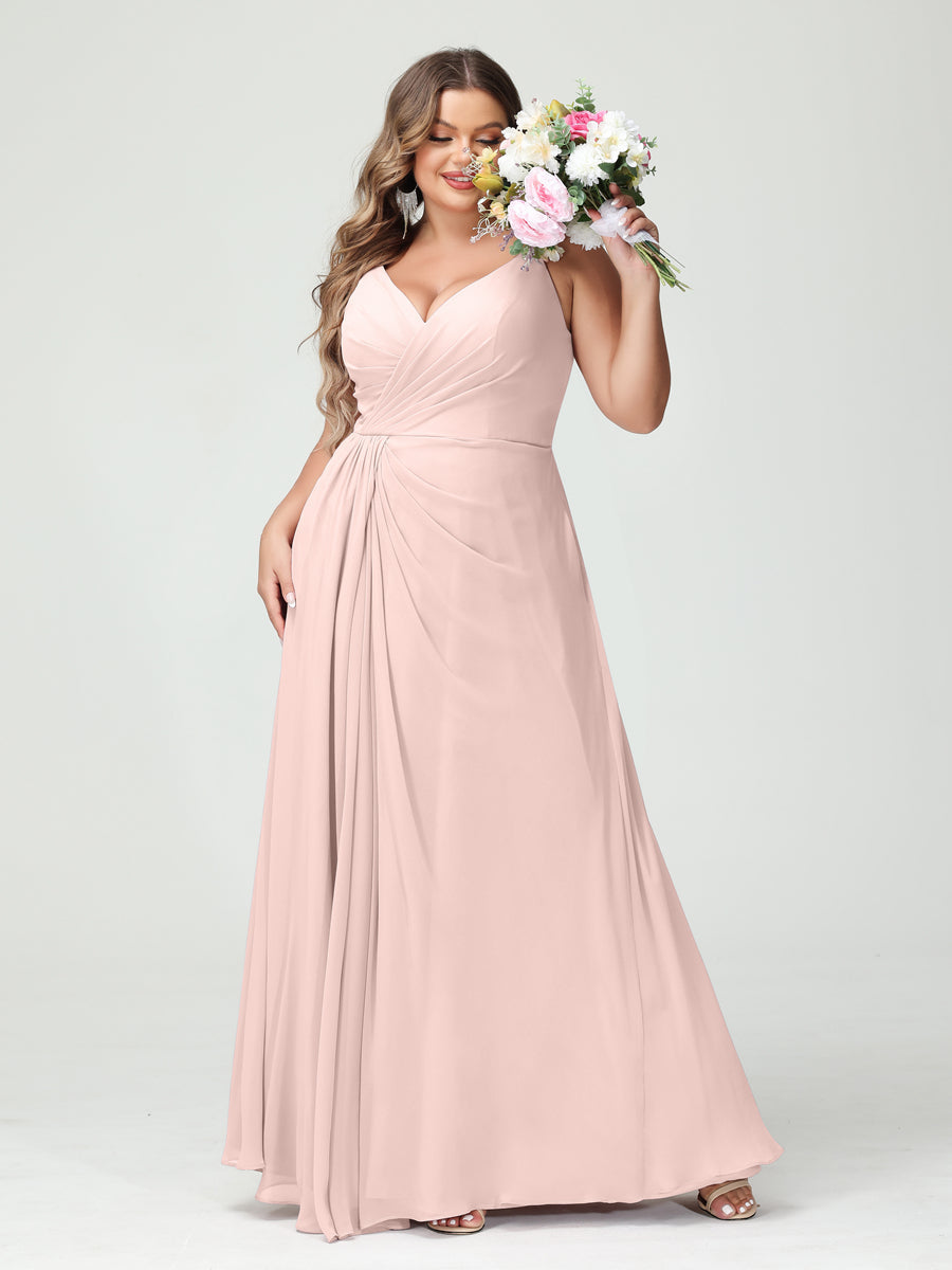 A-Line/Princess Spaghetti Straps Sleeveless Chiffon Split Side Plus Size Bridesmaid Dresses with Pockets