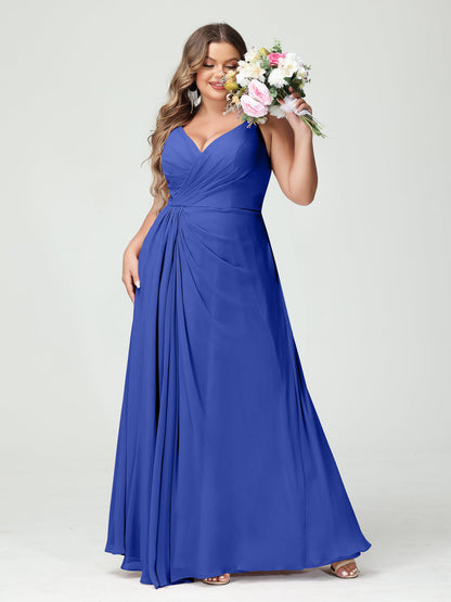 A-Line/Princess Spaghetti Straps Sleeveless Chiffon Split Side Plus Size Bridesmaid Dresses with Pockets