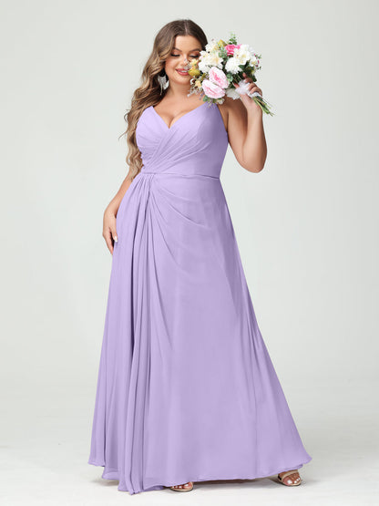 A-Line/Princess Spaghetti Straps Sleeveless Chiffon Split Side Plus Size Bridesmaid Dresses with Pockets