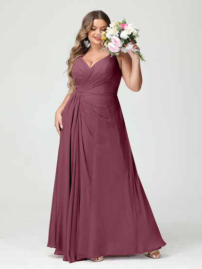 A-Line/Princess Spaghetti Straps Sleeveless Chiffon Split Side Plus Size Bridesmaid Dresses with Pockets